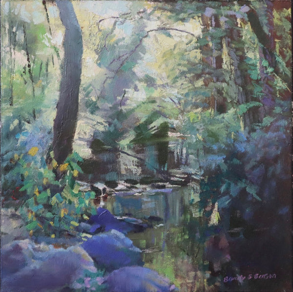 An impressionistic landscape painting of a sunlit forest stream with trees, rocks,  rendered in greens, blues, purples, and whites.