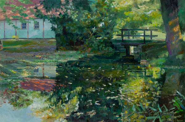 Painting of a serene landscape with a pond, trees, and a mill house.