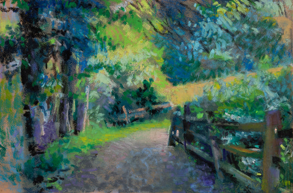 Painting of a forest path with a wooden fence and trees