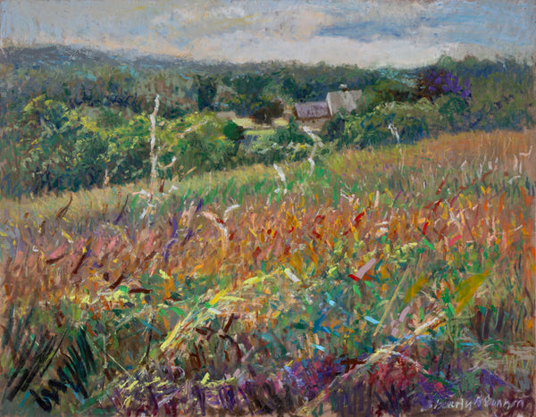 Painting of a landscape with a field, trees, and a house in the distance.