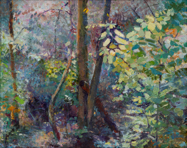 Painting of a forest scene with trees and foliage