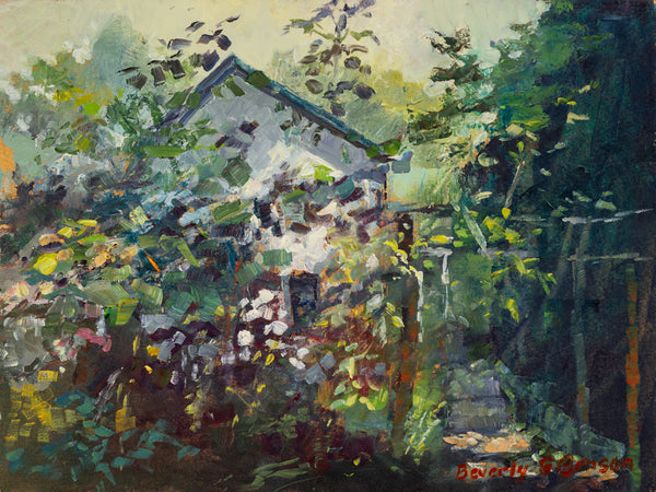 Painting of a house partially obscured by trees and foliage