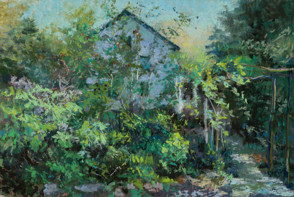 Painting of a house surrounded by greenery
