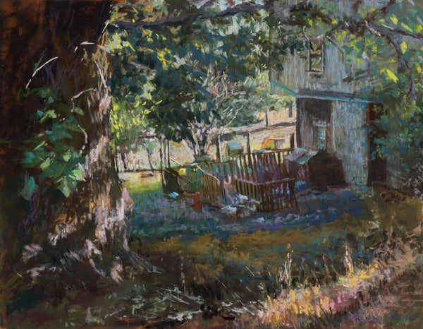 Painting of a rustic outdoor scene with a cabin and deck, surrounded by trees and greenery.