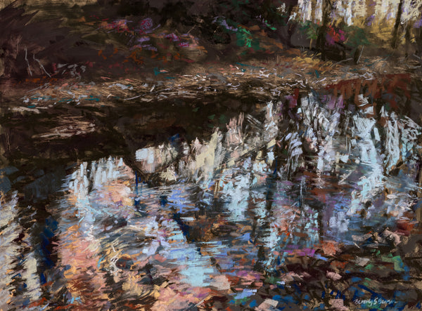 Impressionistic depiction of a forested creek with water reflection.