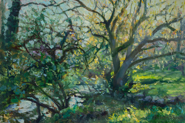 Painting of a stream with willow trees and dappled sunlight streaming through greenery