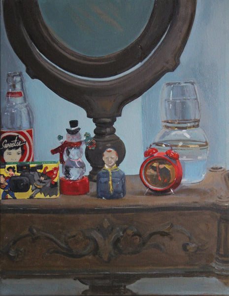 Lineup on Grandpa's Shaving Stand, oil on canvas painting by Cerulean Arts Collective Member Sally Benton