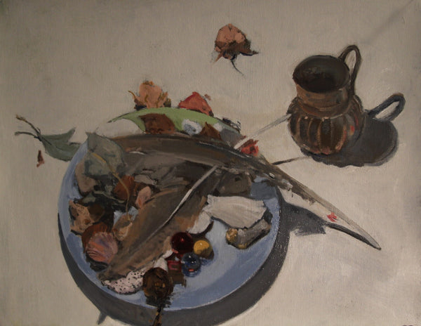Overview with Shells and Feathers, oil on canvas painting by Cerulean Arts Collective Member Sally Benton