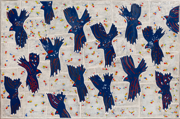 Mosaic with pattern of blue birds on a textured beige background with colorful dots.