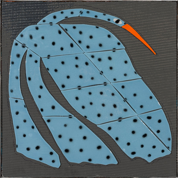 Mosaic of a blue and black patterned bird with an orange beak on a gray background