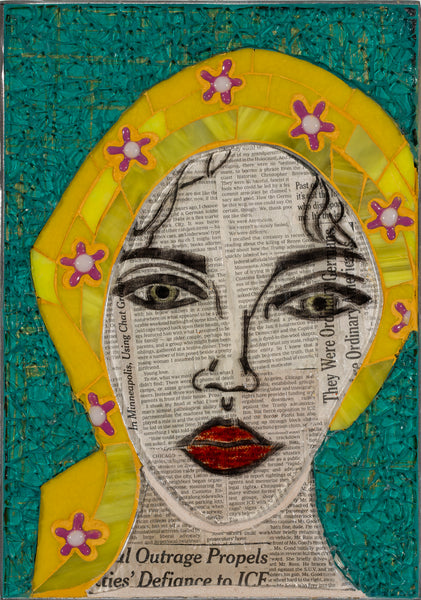 Mosaic portrait of a woman with a yellow headscarf and floral decorations on a textured background