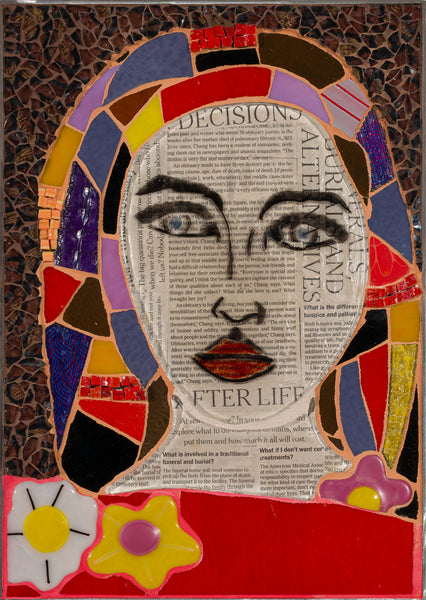 Artistic mosaic of a face with colorful geometric shapes and text overlay on a textured background