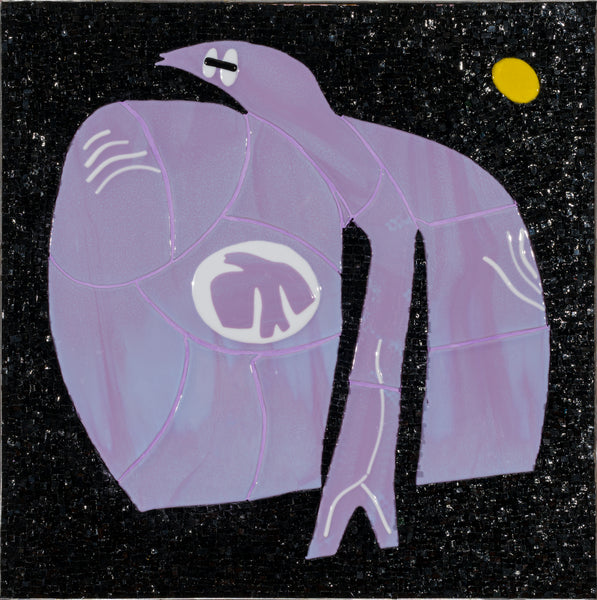 Mosaic of an abstract purple bird-like shape with white eye on a black background