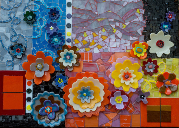 Language of Flowers, smalti, hand-crafted ceramic tiles and kiln-fired glass mosaic by Cerulean Arts Collective member Barbara Bix. 
