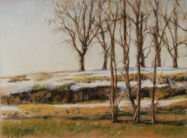 Painting of a winter landscape with bare trees and snow-covered ground.