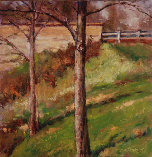 Painting of a rural landscape with trees, grass, and a fence.