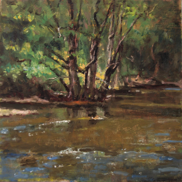 Painting of a tree by a body of water with reflections