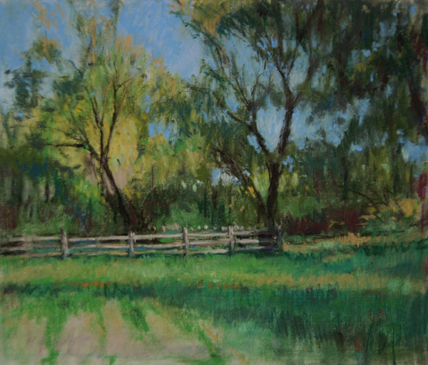 Pastel painting of a landscape with trees, grass, and a fence.