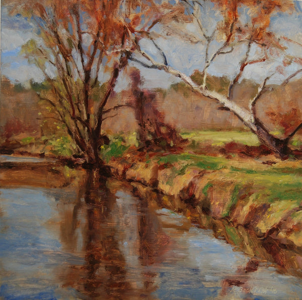 Painting of a tree by a river with reflections and a landscape in the background