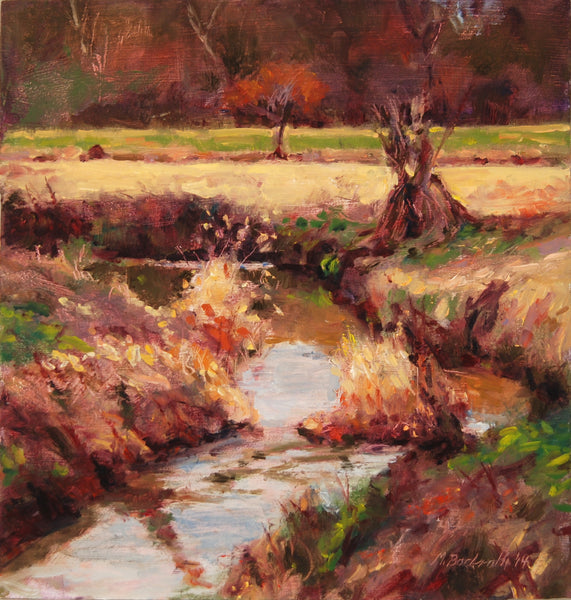 Painting of a landscape with a stream and trees