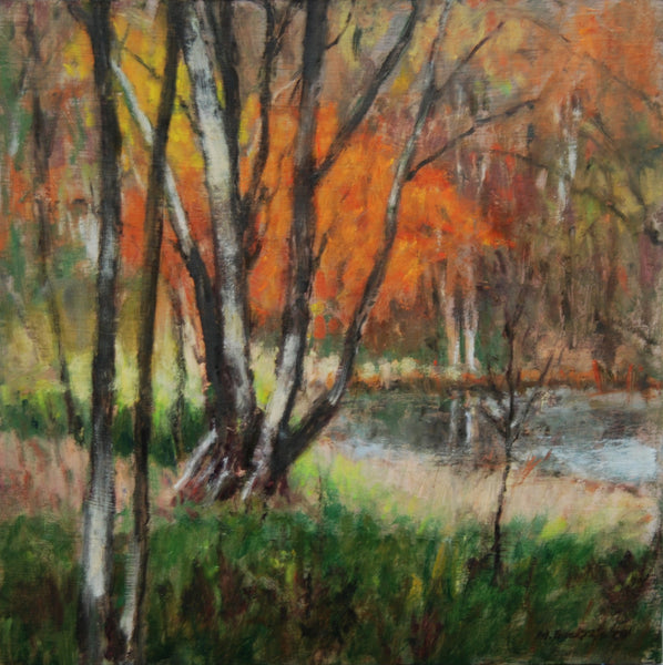Painting of trees with autumn foliage by a body of water