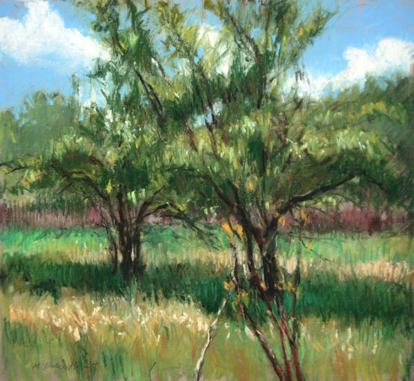 Painting of trees in a field with a blue sky and clouds.