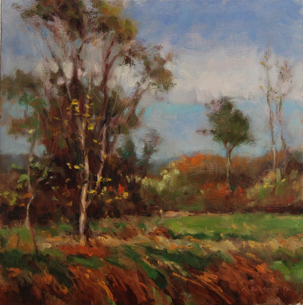 Painting of a landscape with trees and fields