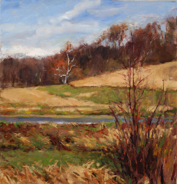 Painting of a landscape with a road, trees, and grass under a blue sky.