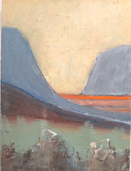 An abstract landscape painting featuring two large muted blue-gray mountain-like forms under a warm cream sky, with a horizontal band of orange and green brushstrokes in the lower middle and textured foreground details.