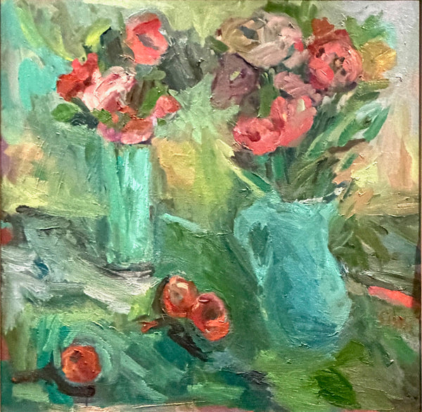 An impressionist oil painting of a still life featuring two turquoise-blue glass vases filled with pink and red flowers, set against a textured green and yellow background.