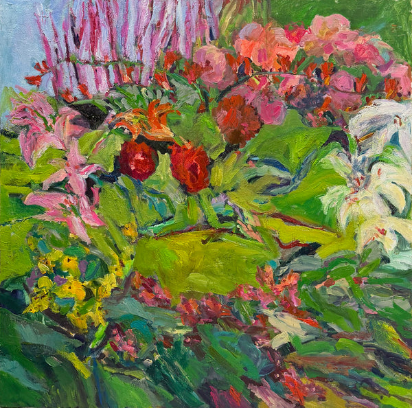 Impressionistic oil painting of a lush garden floral scene with pink, red, white, and yellow flowers set against a vibrant green background.