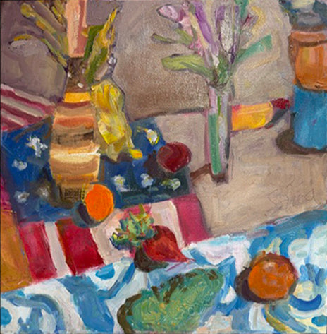 An impressionistic still life painting depicting a table arrangement with flowers in vases, fruit, and a blue-and-white striped cloth, rendered in expressive brushstrokes of blue, white, red, yellow, green, and orange.