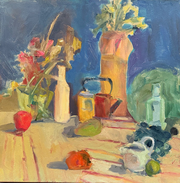 An oil painting still life depicting various objects on a table, including a tall vase with yellow flowers, a white bottle, a small yellow and red container, a green glass bottle, a white teapot, and red and green fruits, rendered in expressive brushstrokes.