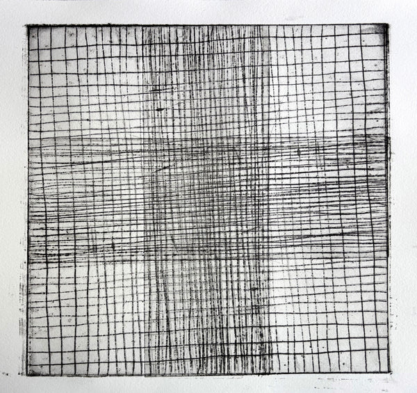 Geometric print with horizontal and vertical lines in crisscross pattern.