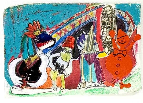 A colorful abstract artwork featuring stylized musical instruments and cartoon-like figures, including a red figure with a bow tie on the right and a blue-and-white instrument on the left, set against a bright turquoise background.