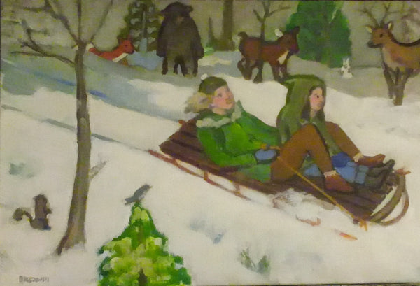 Oil painting of two people sledding down a snowy hill with animals and trees in the background