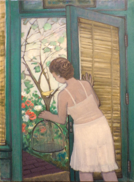 Oil painting of woman in a white dress interacting with a birdcage in a garden setting