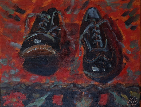 Painting of a pair of black shoes on a red and orange abstract background