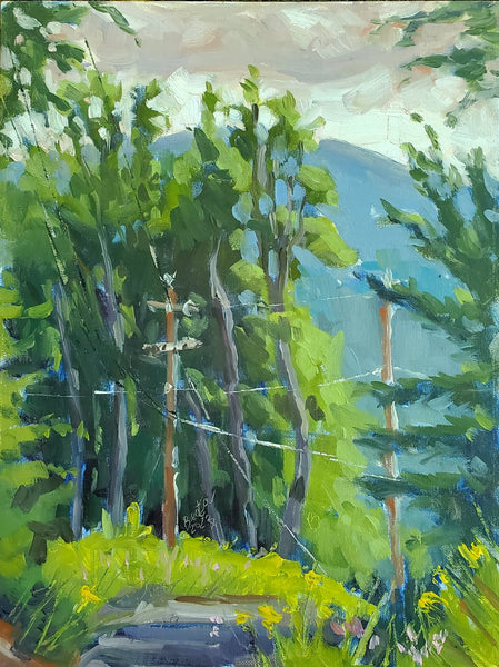 Painting of a forest scene with trees and mountains.