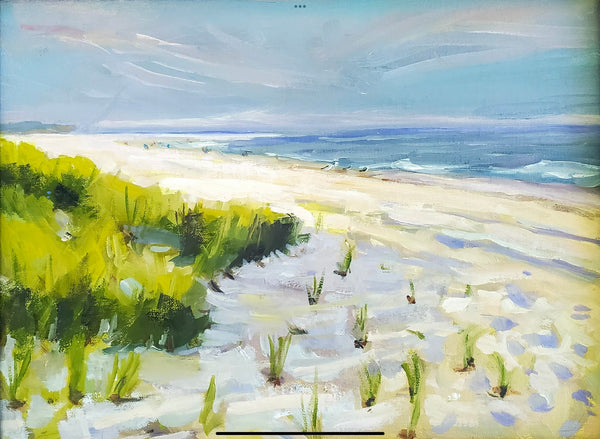 Painting of a coastal landscape with greenery and water.
