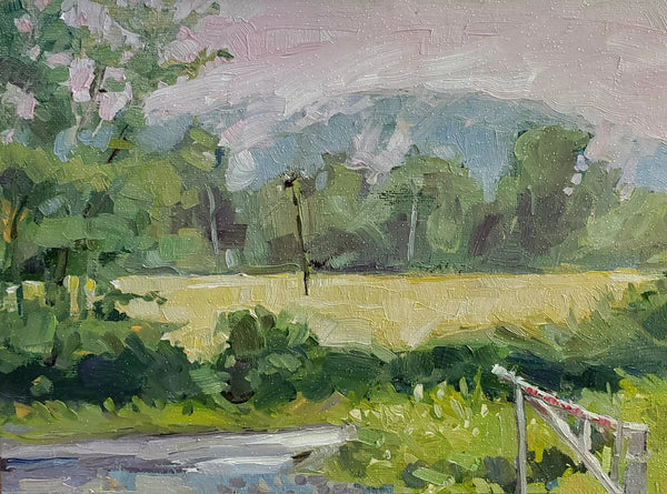 Painting of a landscape with trees and a field