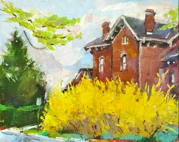 Painting of a brick house with yellow flowers and greenery