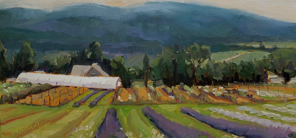 Painting of a rural landscape with fields, trees, and mountains.