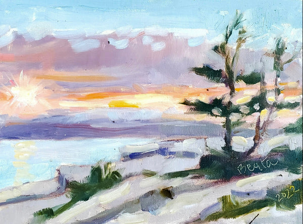 Painting of a snowy landscape with a tree and sunset.