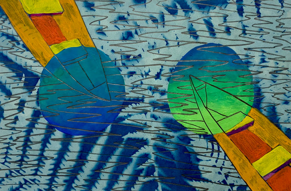 Abstract art print featuring two large circular forms, one blue and one green, intersecting with diagonal yellow and orange geometric lines over a textured blue and white background.