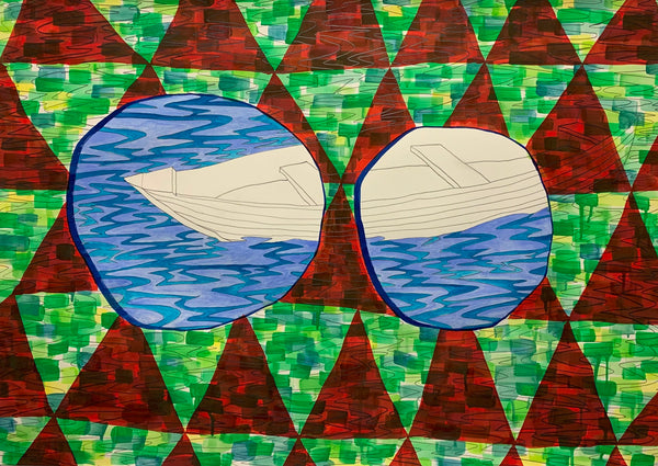 A colorful abstract artwork featuring two oval blue-and-white water scenes with boats, set against a repeating green and brown geometric triangle pattern.