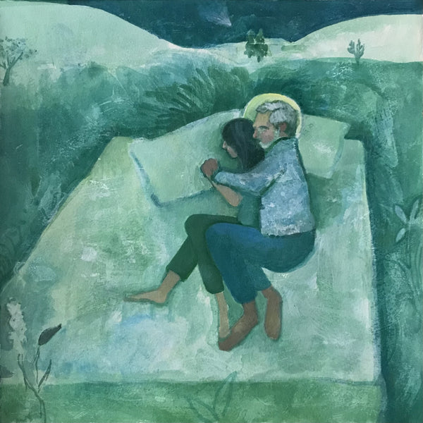 An expressive painting of two embracing figures lying on a bed, surrounded by green landscape forms and a dark blue sky. 