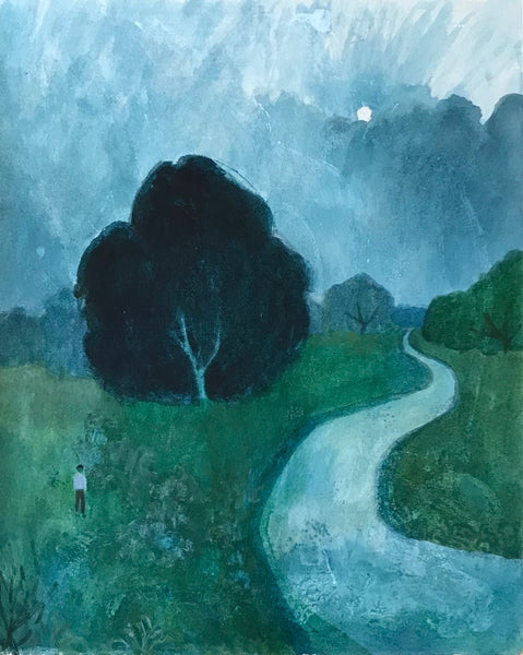 Almost Night, acrylic on paper landscape painting by Philadelphia artist Lynne Campbell. 