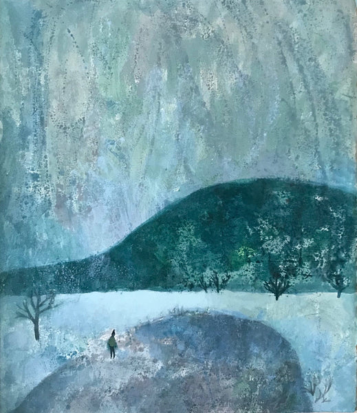Even Now (January), acrylic on paper landscape painting by Philadelphia artist Lynne Campbell. 