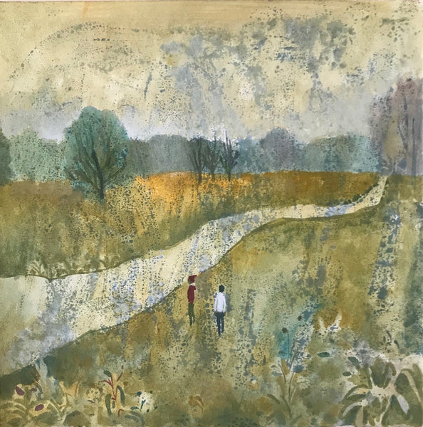 In the Meadow, acrylic on paper landscape painting by Philadelphia artist Lynne Campbell. 